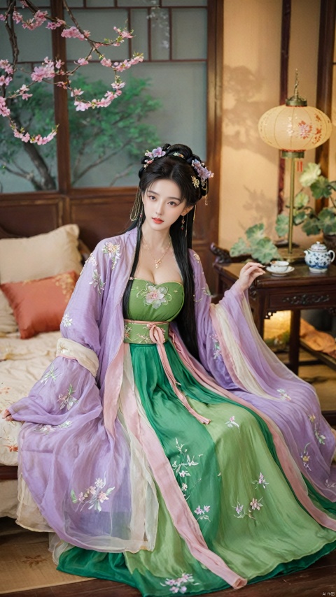  1girl, solo, long hair, black hair,Hairpins,necklace, hair ornament, dress, full body, flower, earrings, indoors, hair bun, (purple-green dress),(Tube top Hanfu long skirt:1.1), pillow, bed, night, chinese clothes, table, branch,daxiushan, ,daxiushan style,(huge breasts:1.6), (full breasts), realistic,hanfu, daxiushan,Shoulders are exposed, , daxiushan, arien_hanfu