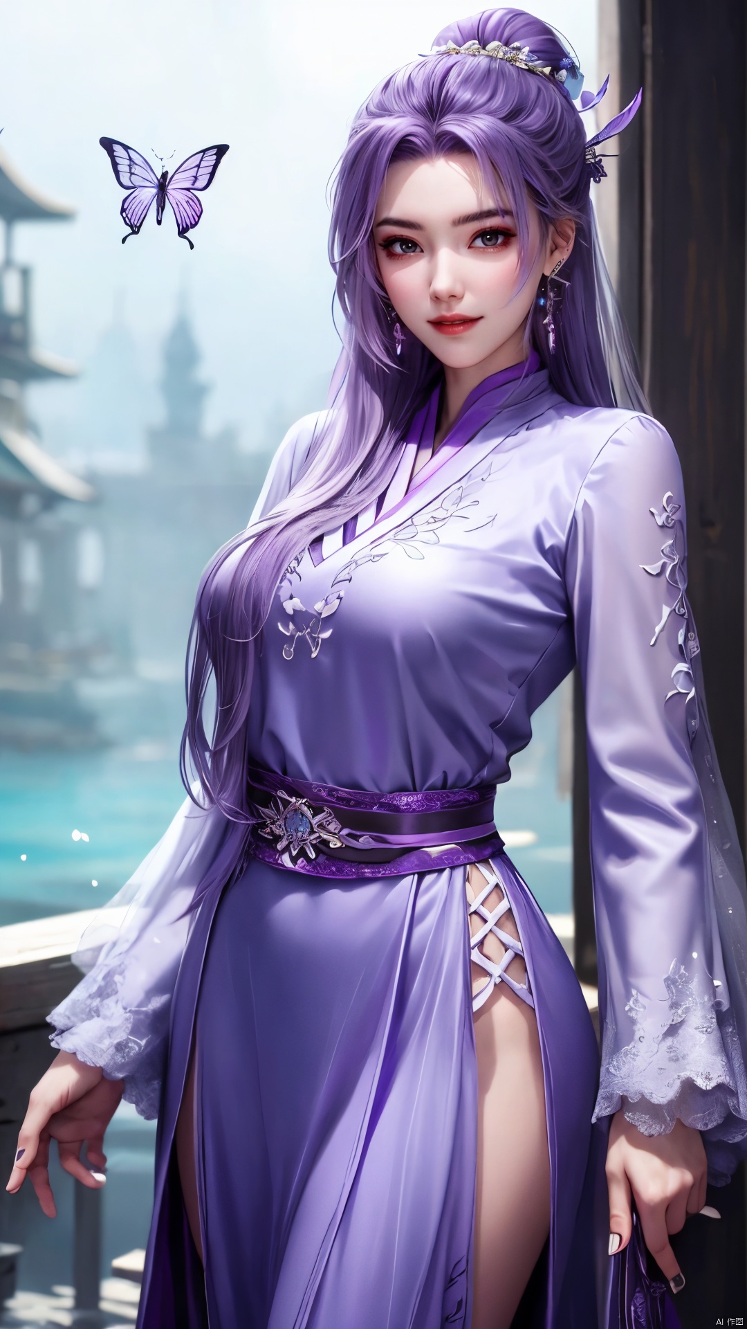  cowboy_shot,(Good structure), DSLR Quality,Depth of field,kind smile,looking_at_viewer,Dynamic pose, 1girl, purple hair, long hair, hair ornament, solo, long dress, earrings, jewelry, hair bun, Yunxiao_Fairy, hanfu, Water_butterfly