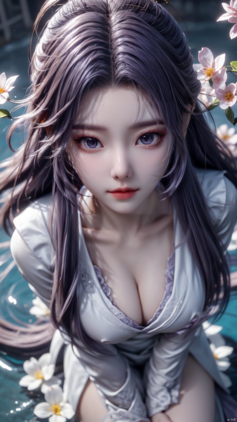  purple element,looking from above,above the knee,appear on camera,blue eyes,white_flower,XYunxiao,,(big breasts:1.2)