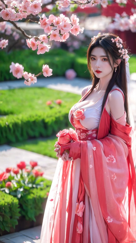  arien_hanfu,1girl,(In spring, petals are falling and the garden is full of peach blossoms:1.2),looking_at_viewer,(big breasts:1.2)