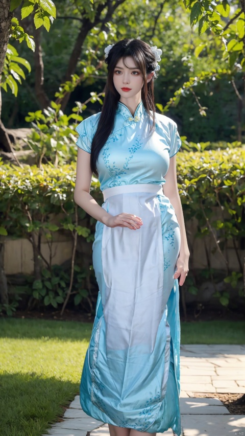  a woman, hanfu, the woman's gaze is directed towards the camera, her posture is upright and poised, (Hands behind back:1.5). the environment is lush and green, suggesting a serene and natural setting. the hanfu is flowing and drapes elegantly around her, with intricate embroidery and patterns. the overall mood conveyed is one of elegance, tradition, and serenity,(big breasts:1.39)