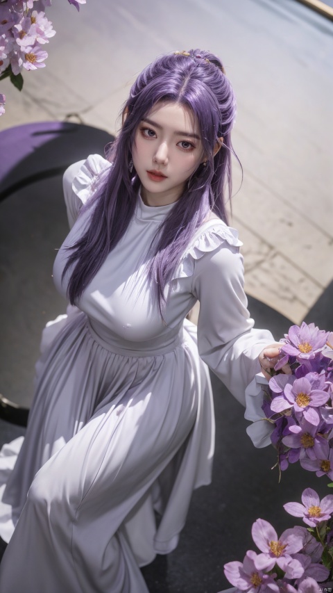  purple element,looking from above,above the knee,appear on camera,purple eyes,purple_flower,XYunxiao,,(big breasts:1.19),1girl,(purple Round neck dress:1.23),purple hair,Masterpieces, award-winning photography, extreme detail, vivid saturated colors