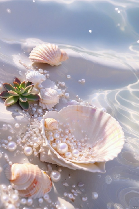 pearl_shell,shiny,no humans,still life,pearl,shell,beach,water, Succulent_Plants, weijin_hanfu