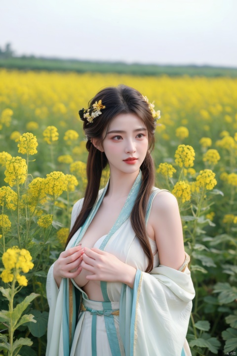  Enhanced, masterpiece, 16K, girl, Solo, Flower Field, rape flower, (\meng ze\), yue , hair ornament , hanfu,(big breasts:1.59),tang_hanfu