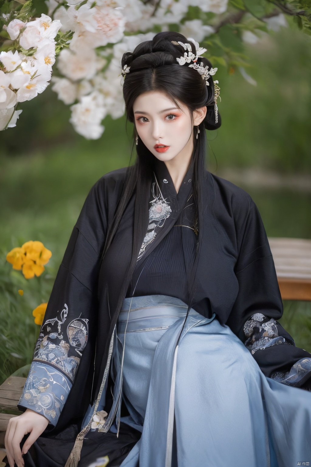 ming_hanfu,1girl,(spring,flowers:1.2),looking_at_viewer,,(big breasts:1.29), hanfu, QIEMANCN, gufeng