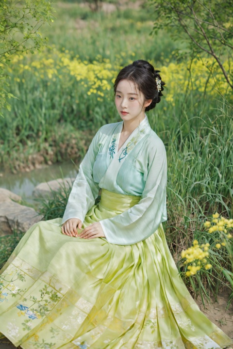  Enhanced, masterpiece, 16K, girl, Solo, Flower Field, rape flower, (\meng ze\), yue , hair ornament , hanfu,(big breasts:1.59), ming_hanfu,mmq_hanfu