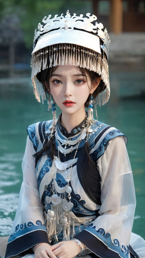  1girl,Chinese Yi ethnic clothing,Silver metal headwear, capelet, earrings, jewelry,A huge metal hat,Headwear metal tassels,Silver metal hat, lips, long sleeves, short hair, solo, water, wide sleeves, 1girl,big breasts