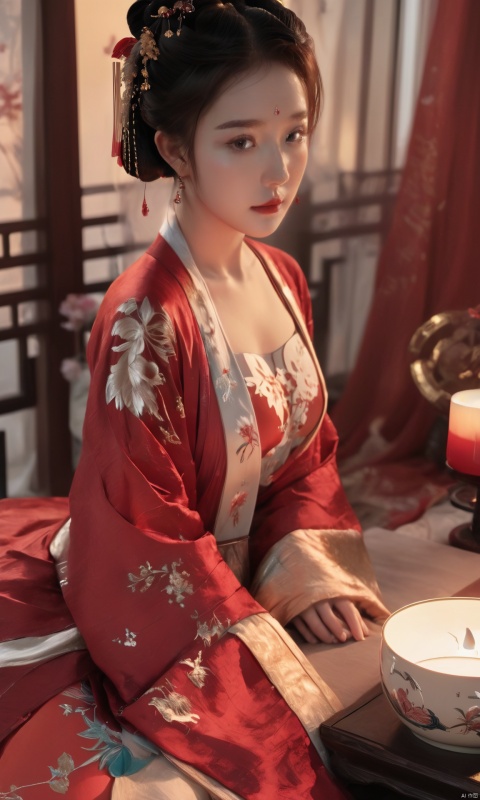 A young girl wearing a red Song Dynasty silk tulle Hanfu sat in a luxurious room, with candle shadow and red makeup,(big breasts:1.5),Best quality,realistic,photorealistic,masterpiece,extremely detailed CG unity 8k wallpaper,best illumination,best shadow,huge filesize,incredibly absurdres,absurdres,looking at viewer,