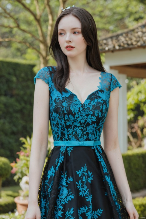  (masterpiece:1.2),1girl,photorealistic,pale_skin,realistic skin,(big breast:1.29),(looking away),long hair,straight_hair,black hair,garden, Lace_dress,