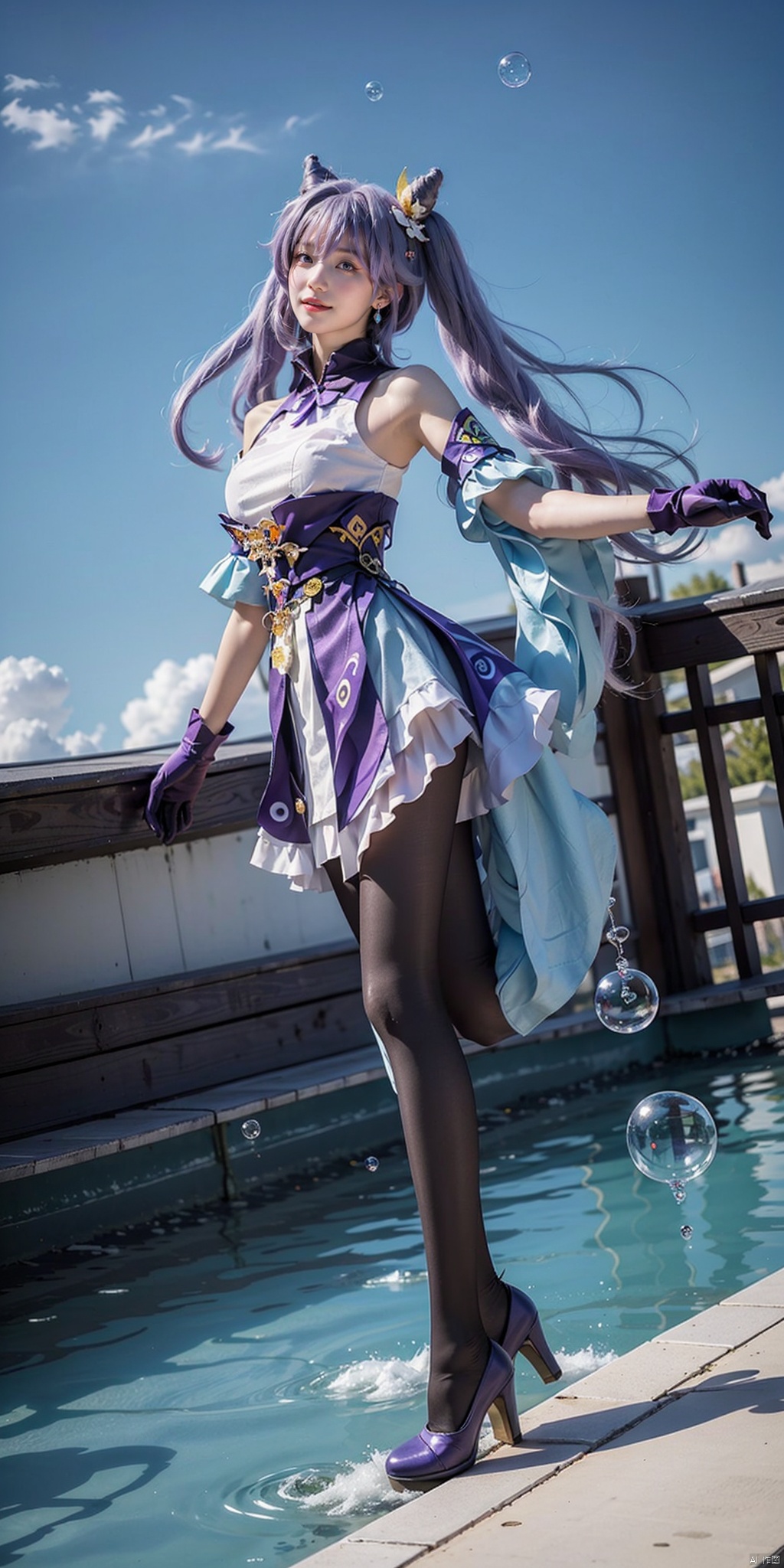  in the photo, the girl is floating in the sky, smiling at the camera, grin, surrounded by foam, Body glow, Arms outstretched,
(wide Angle, Low Angle, cloudy sky, bubble, foam, Super long purple hair floating in the sky, full body:1.5),

long purple hair, bangs, cone hair bun, double bun, hair flower, hair ornament, twintails, purple_eyes,
bare shoulders, large breasts, purple dress, large breasts, detached_sleeves, purple gloves, short sleeves,
black pantyhose, high_heels,
jewelry, earrings,

cloud, In the pool, swimming, keqing \(genshin impact\),

HDR, Vibrant colors, surreal photography, highly detailed, masterpiece, ultra high res,
high contrast, mysterious, cinematic, fantasy, bright natural light,houtufeng, pantyhose