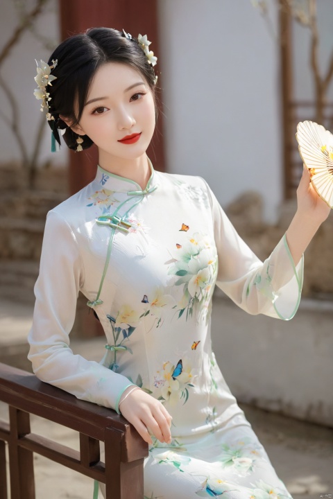  1girl, flower, solo, black hair, chinese clothes, hair ornament, hair flower, smile, indoors, vase, upper body, red lips, holding, hand fan, long sleeves, blurry, own hands together, cheongsam, X-Cheongsam, Lace_dress, X-aurora, song_hanfu, fantasy_butterfly, desert_sky
