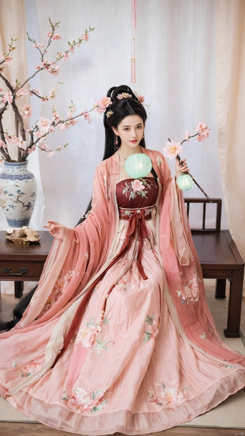  1girl, solo, long hair, black hair,Hairpins,necklace, hair ornament, long dress, full body, flower, earrings, indoors, hair bun, pink dress,(Tube top Hanfu long skirt:1.1), pillow, bed, night, chinese clothes, table, branch,daxiushan, ,daxiushan style,(huge breasts:1.7), (full breasts), realistic,hanfu, daxiushan,Shoulders are exposed, , daxiushan, arien_hanfu