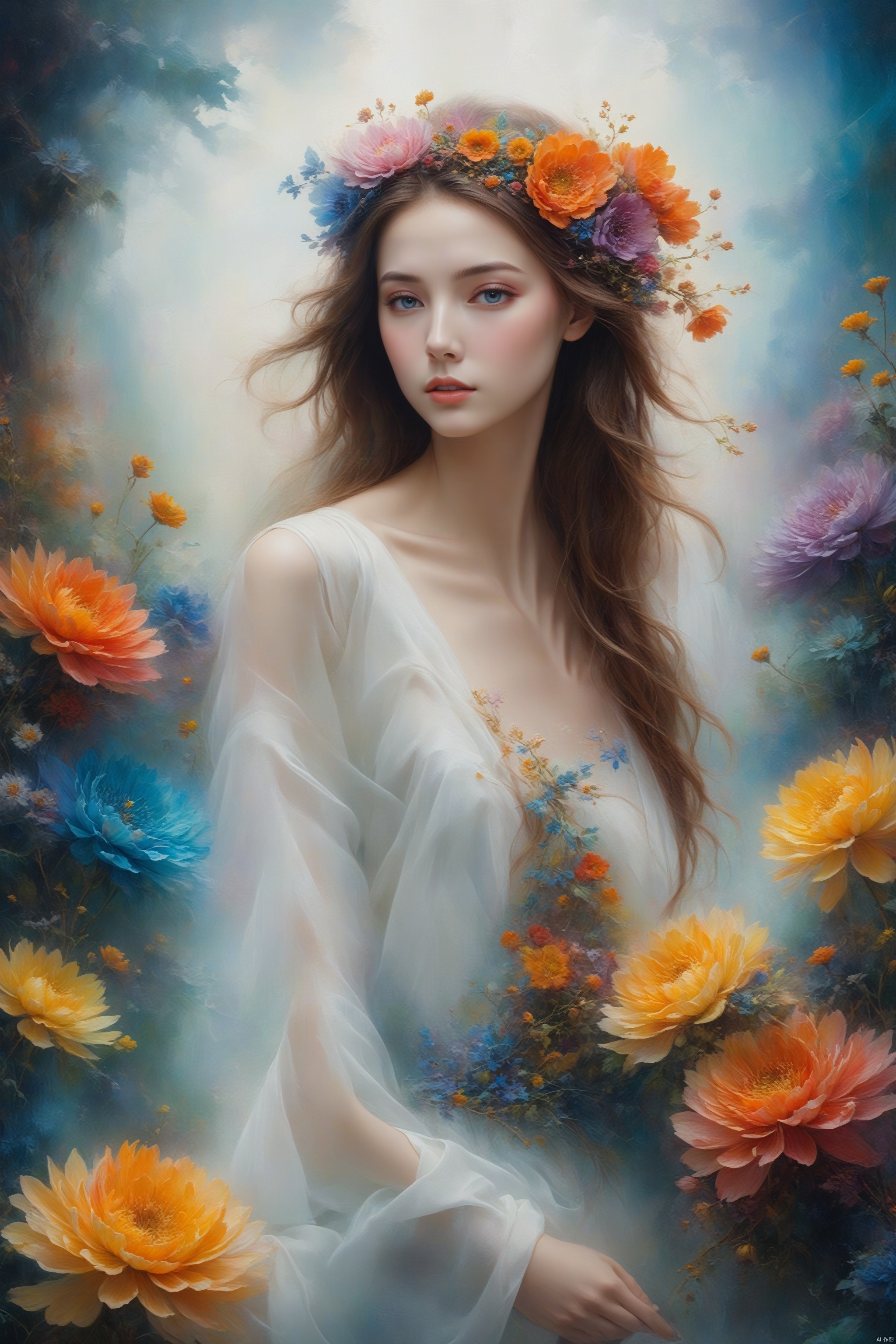  Oil painting, a girl wearing gauze, pure white skin, exposed body, shape, close-up, floral background, fashion, minimalism, extremely detailed, absurd, (color), abstract background, fractal, (flower) exquisite visual effects, outdoor, grassland, fog, exquisite visual effects, super bright, colorful background, high-definition, artistic calligraphy and ink, abstract, colorful colors, beauty, color clarity, mystery, oil painting, soft colors, art, amazing depth, super details, masterpieces of engineering leaders, strategic planning, rich and colorful, peaceful visual effects, art's super details, texture and best quality, masterpieces, super details, perfect composition, best image Quality, super-resolution, surrealism, dreamlike realism, dreamlike creation, terrifying color schemes, surrealism, abstraction, psychedelic, (8k, RAW photo, best quality, masterpiece: 1.2), (realistic, photo fidelity: 1.37), 4k texture, HDR, complex, highly detailed, clear focus, soothing tones, maze details, crazy details, complex details, HDR, monkren, arien_hanfu