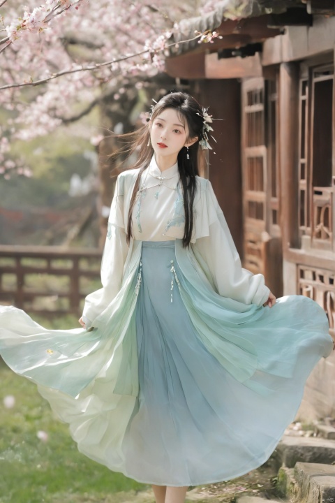  A girl,skirt,jewelry,long_hair,necklace,earrings,perfect body,standing,large breasts,looking at viewer,chinese clothes,china dress,hanfu,cherry_blossoms,in spring,sunny,sunny,wind,cloud,bright,
, ming_hanfu, daxiushan, New Chinese_Hanfu