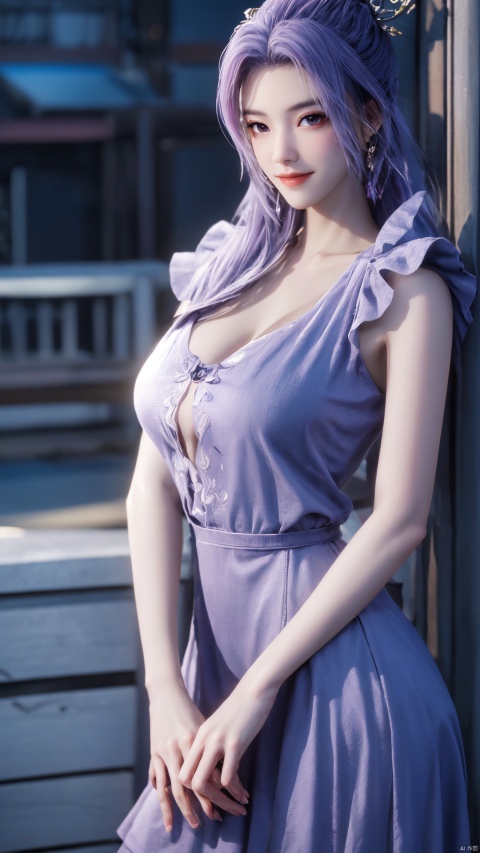  cowboy_shot,(Good structure), Quality,Depth of field,kind smile,looking_at_viewer,Dynamic pose, 
yunxiao, 1girl, purple hair, long hair, hair ornament, , solo, dress, earrings, jewelry, hair bun, Yunxiao_Fairy,(big breasts:1.39)