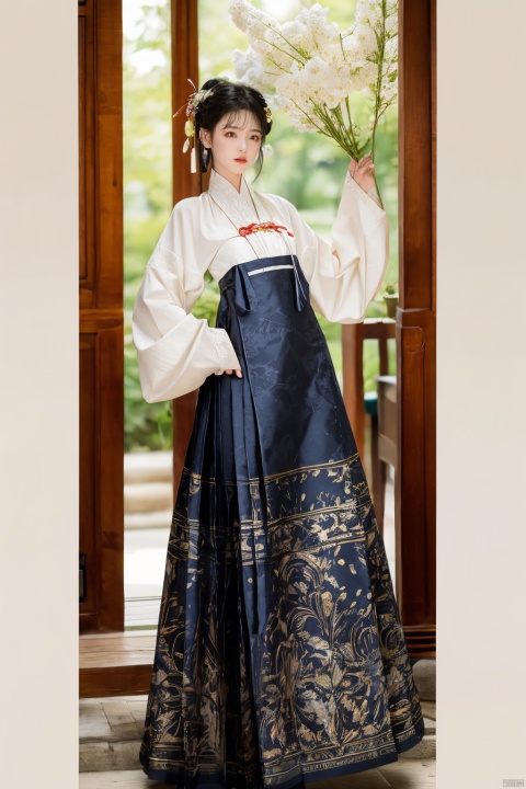 ming_hanfu,1girl,(spring,flowers:1.2),looking_at_viewer,,(big breasts:1.29), hanfu, QIEMANCN