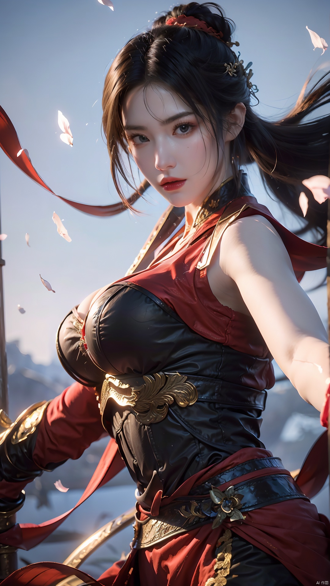  1girl,black hair,energy sword,glint,glowing sword,Unsheathed sword,solo,red Hanfu,Grasp the hilt with your hand,Brave and spirited,sword-dance,holding sword,looking at viewer,petals,solo,standing, ((poakl)), (\fan hua\), midjourney portrait, (big breasts:1.3),