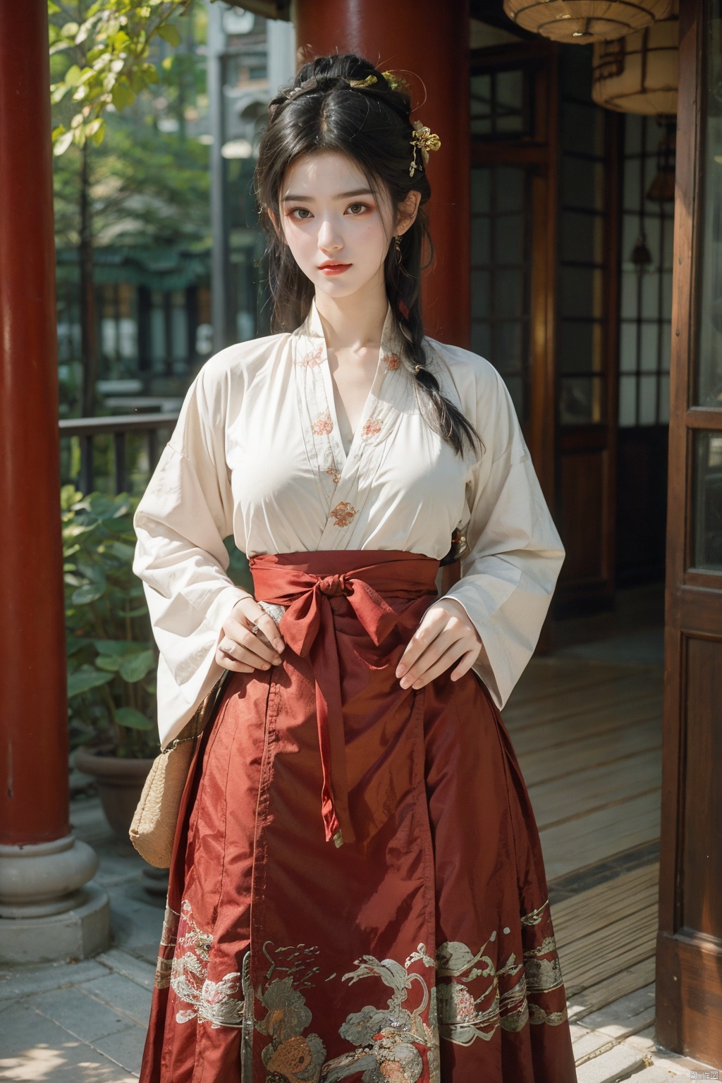 ming_hanfu,1girl,(spring,flowers:1.2),looking_at_viewer,,(big breasts:1.29), hanfu, QIEMANCN, gufeng