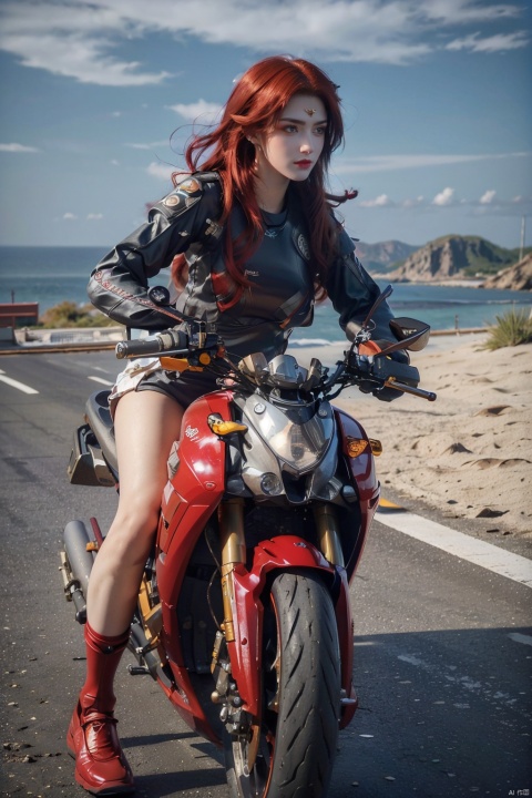  Masterpiece,best quality,(Highest picture quality),(Master's work),(ultra-detailed),{top quality},(sea background:1.2),(1 girl driving a motorcycle:1.4),(red hair:1.3),(bare long leg:1.1),desert background