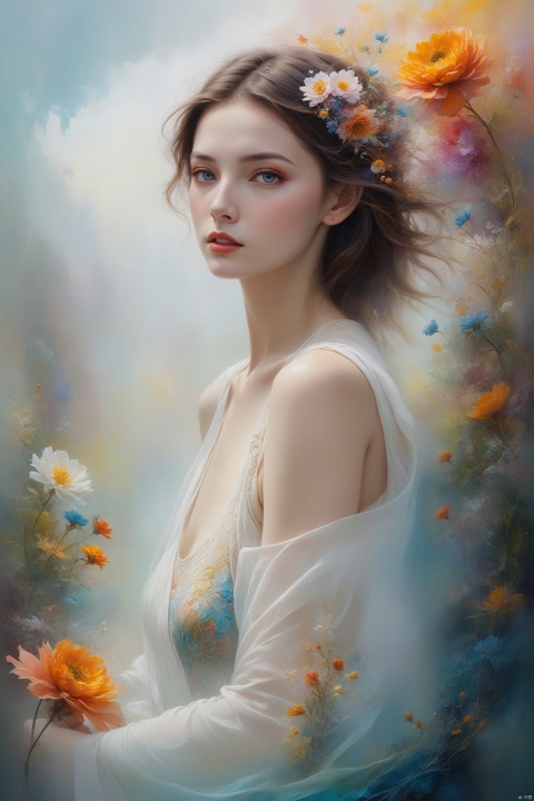  Oil painting, a girl wearing gauze, pure white skin, exposed body, shape, close-up, floral background, fashion, minimalism, extremely detailed, absurd, (color), abstract background, fractal, (flower) exquisite visual effects, outdoor, grassland, fog, exquisite visual effects, super bright, colorful background, high-definition, artistic calligraphy and ink, abstract, colorful colors, beauty, color clarity, mystery, oil painting, soft colors, art, amazing depth, super details, masterpieces of engineering leaders, strategic planning, rich and colorful, peaceful visual effects, art's super details, texture and best quality, masterpieces, super details, perfect composition, best image Quality, super-resolution, surrealism, dreamlike realism, dreamlike creation, terrifying color schemes, surrealism, abstraction, psychedelic, (8k, RAW photo, best quality, masterpiece: 1.2), (realistic, photo fidelity: 1.37), 4k texture, HDR, complex, highly detailed, clear focus, soothing tones, maze details, crazy details, complex details, HDR, monkren, arien_hanfu