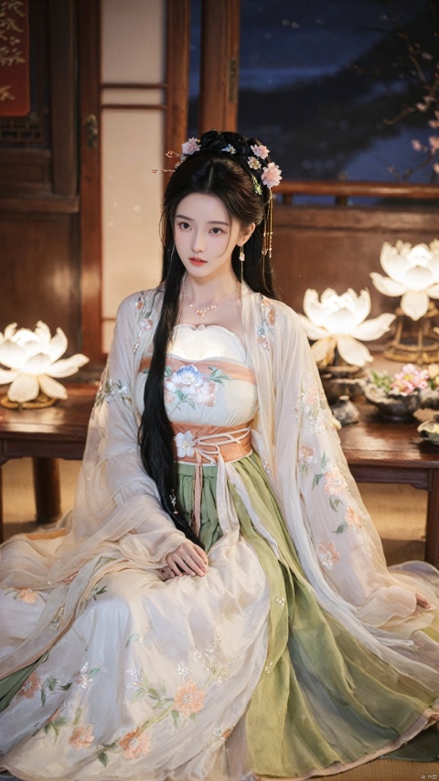  1girl, solo, long hair, black hair,Hairpins,necklace, hair ornament, dress, full body, flower, earrings, indoors, hair bun, white dress,(Tube top Hanfu long skirt:1.1), pillow, bed, night, chinese clothes, table, branch,daxiushan, ,daxiushan style,(huge breasts:1.6), (full breasts), realistic,hanfu, daxiushan,Shoulders are exposed, , daxiushan, arien_hanfu