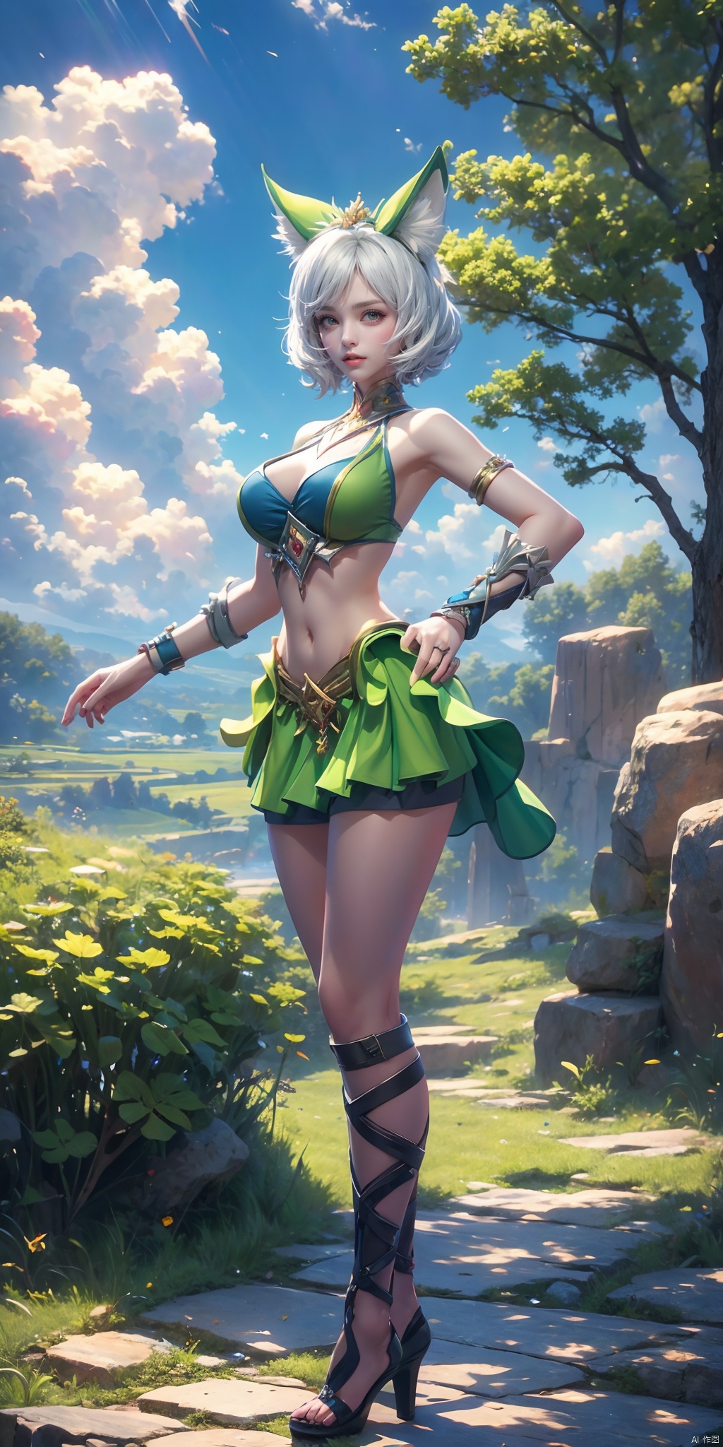  DJ,outdoors,scenery,cloud,sky,grass,tree,day,rock,blue sky,cloudy sky,nature,flower,
1girl,solo,breasts,navel,cleavage,skirt,midriff,short hair,high heels,animal ears,bike shorts,large breasts,looking at viewer,red eyes,leaf,medium breasts,hair ornament,bare shoulders,grey eyes,swimsuit,armlet,bikini,white hair,bangs,gem,jewelry,green skirt,, (raw photo:1.2),((photorealistic:1.4))best quality,masterpiece,illustration,an extremely delicate and beautiful,extremely detailed,CG,unity,8k wallpaper,Amazing,finely detail,masterpiece,best quality,official art,extremely detailed CG unity 8k wallpaper,absurdres,incredibly absurdres,huge filesize,ultra-detailed,highres,extremely detailed,beautiful detailed girl,cinematic lighting,1girl,pale skin,tall female,(perfect body shape),skinny body,Slender legs,, pale skin,tall man,long legs,thin leg,