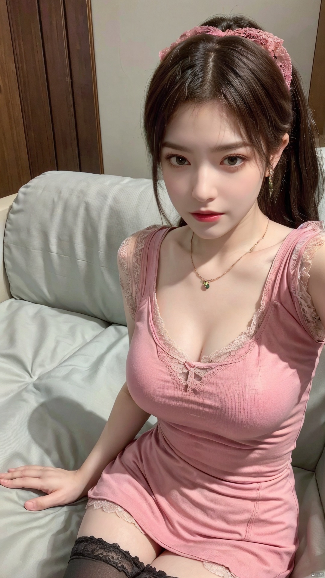  Best quality, 1girl, xtt's body,(green|pink dress), pantyhose,photo pose,sitting in sofa,red lips,crossed legs, shapely body, xtt, aki,Take a selfie,look at viewer,(lace:1.3),full body,Gentle eyes, (big breasts:1.59),(F cup breasts:1.49), ((poakl)),(High ponytail, pink bow, earrings, necklace:1.39),（Lace flesh-colored stockings:1.39)