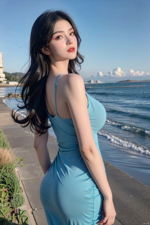  (Best quality, 8k, 32k, Masterpiece,UHD: 1.2), (1.2 very wide Angle lens:), 
1girl, solo, long hair, wind flowing hair, pose for picture, looking at viewer, perfect body, big butt,(big breasts:1.2),Smooth arms,
seaside, blue sky, pink dress