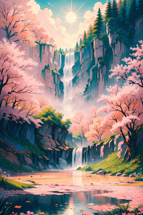 (Landscape painting full of illusory artistic conception), (high waterfall falling from the sky), the waterfall occupies 80% of the entire length of the picture, above the waterfall is the blue sky, rolling white clouds, below the waterfall is the pond, (the water of the pond is floating on the Many scattered (pink peach: 1.3) flowers), (there is a (peach forest: 1.3), (pink: 1.2) flower by the pond), (the setting sun shines slantly through the clouds), vividcolor (light particles Effect), (masterpiece), (extremely exquisite picture description), (8k wallpaper), (master painting), (ink painting style), (obvious light and shadow effect), (ray tracing), (obvious levels), (depth of field) ),(best quality),RAY, desert_sky, Succulent_Plants, Oil-paper umbrella,动漫