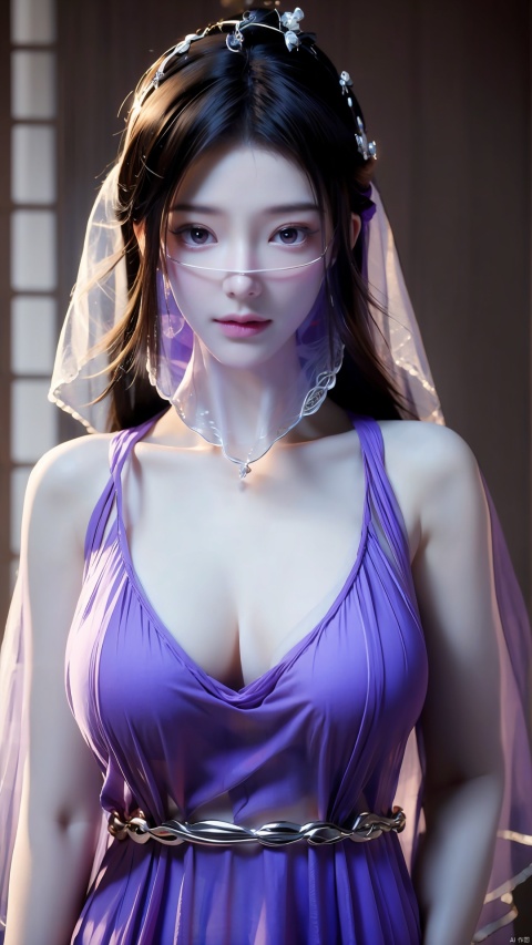best quality,masterpiece,ziling_xianzi,1girl,solo,long hair,looking at viewer,jewelry,closed mouth,purple eyes,(Purple Veil:1.3),purple hair,(big breasts:1.29), ziling_xianzi
