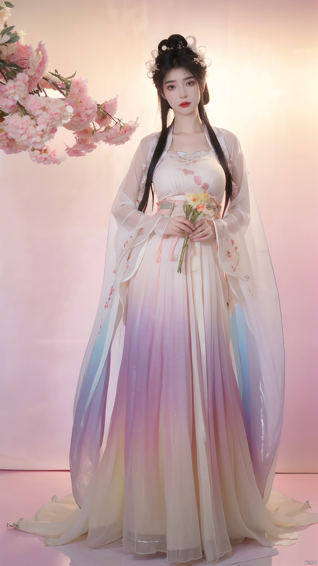  masterpiece,qingyi,danya,1girl,black hair,hanfu,(flower:1.36),realistic,hair ornament,chinese clothes,(Rainbow gradient colors dress:1.39),black eyes,long sleeves,holding,holding flower,,hanfu,cho girl, longfeihanfu,looking at viewer,(big breasts:1.61)