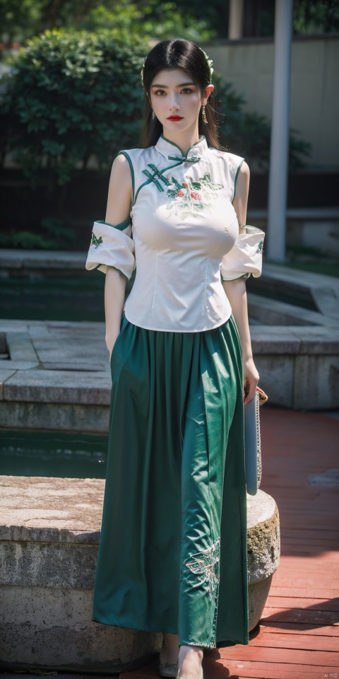  (light green printed chinese upshirt),(white green long skirt),1 girl,(big breasts:1.6), high heels,(short hair:1.1), (realistic:1.7),((best quality)),absurdres,(ultra high res),(photorealistic:1.6),photorealistic,octane render,(hyperrealistic:1.2), (big breasts:1.7), (photorealistic face:1.2), (8k), (4k), (Masterpiece),(realistic skin texture), (illustration, cinematic lighting,wallpaper),( beautiful eyes:1.2),((((perfect face)))),(cute),(standing),(black hair),(short hair), (outdoors), , long skirt, QIPAO,, (big breasts:1.8), , 1girl