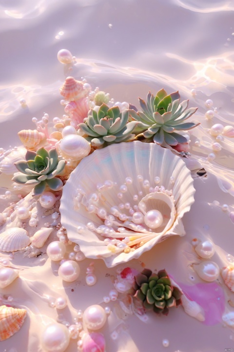 pearl_shell,shiny,no humans,still life,pearl,shell,beach,water, Succulent_Plants, weijin_hanfu, candy-coated