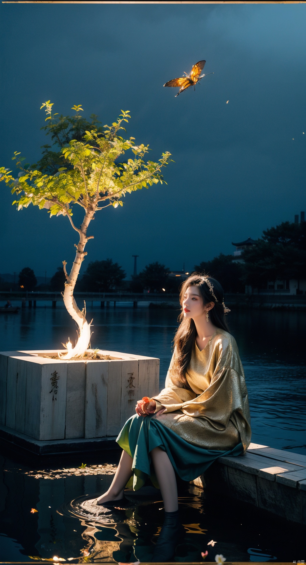  best quality, masterpiece, photo realistic,highly detailed, fashion photography, full body shot,full body photo,(a girl sitting on seawater:1.1), (seawater:1.1), reflection in water, lantern, (bonsai:1.1), (firefly: 1.4), insects, purist, esoteric,occult, geometric,(night:1.1), (gold/black theme:1.2),nature, dress, flowers,butterfly,girl, Aesthetic Background,sen,plan,flowers,tree,guanyin,bj_Devil_angel,flower,machinery,fairy tale girl,vortex,Chinese style,nvshen,ghostdom,Night scene,Colorful portraits,baihuaniang,evil ghost
