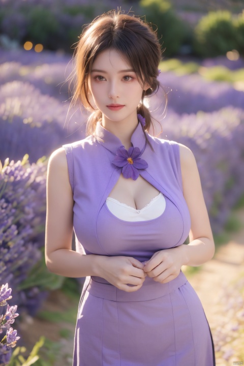  (Realistic), masterpiece, best quality, cinematic lighting, natural shadows, highest detail, looking at the audience,1 girl, cute girl photo, faint smile, charming, 25 years old, flip hair. With side light, (red stewardess uniform:1.39), dynamic modeling,(big breasts:1.59),(Lavender flowers in Provence, France:1.59)