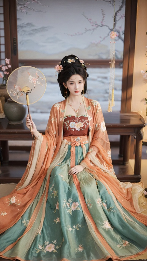  1girl, solo, long hair, black hair,Hairpins,necklace, hair ornament, long dress, full body, flower, earrings, indoors, hair bun, hanfu dress,(Tube top Hanfu long skirt:1.1),(Hand holding fan:1.2), pillow, bed, night, chinese clothes, table, branch,daxiushan, ,daxiushan style,(huge breasts:1.79), (full breasts), realistic,hanfu, daxiushan,Shoulders are exposed,daxiushan, arien_hanfu