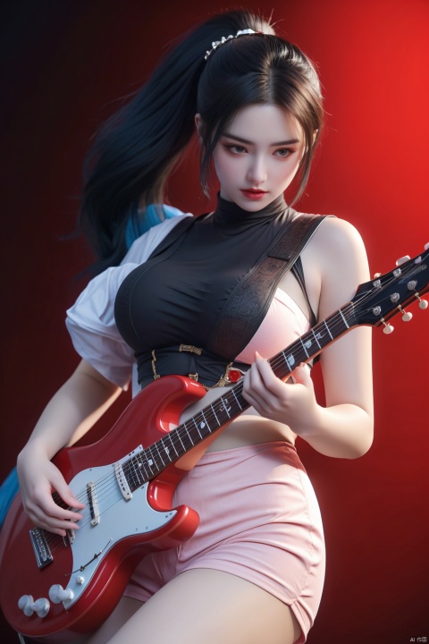  Rock girl, high ponytail, long pink-blue hair, very delicate, very beautiful, very high definition, full-length lens, passion, ((playing red guitar)) rich concert background, black background, cool lighting, master works,big breasts