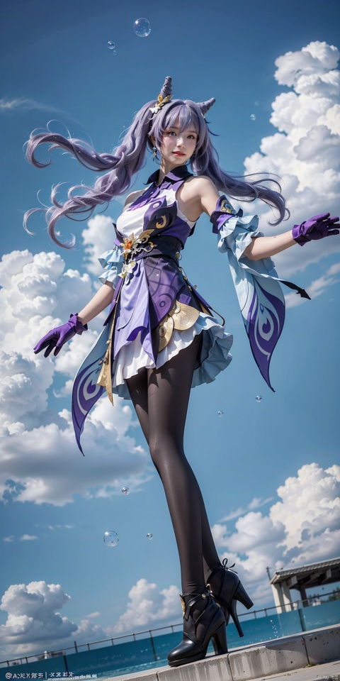  in the photo, the girl is floating in the sky, smiling at the camera, grin, surrounded by foam, Body glow, Arms outstretched,(big breasts:1.33),
(wide Angle, Low Angle, cloudy sky, bubble, foam, Super long purple hair floating in the sky, full body:1.5),

long purple hair, bangs, cone hair bun, double bun, hair flower, hair ornament, twintails, purple_eyes,
bare shoulders, large breasts, purple dress, large breasts, detached_sleeves, purple gloves, short sleeves,
black pantyhose, high_heels,
jewelry, earrings,

cloud, In the pool, swimming, keqing \(genshin impact\),

HDR, Vibrant colors, surreal photography, highly detailed, masterpiece, ultra high res,
high contrast, mysterious, cinematic, fantasy, bright natural light,houtufeng, pantyhose