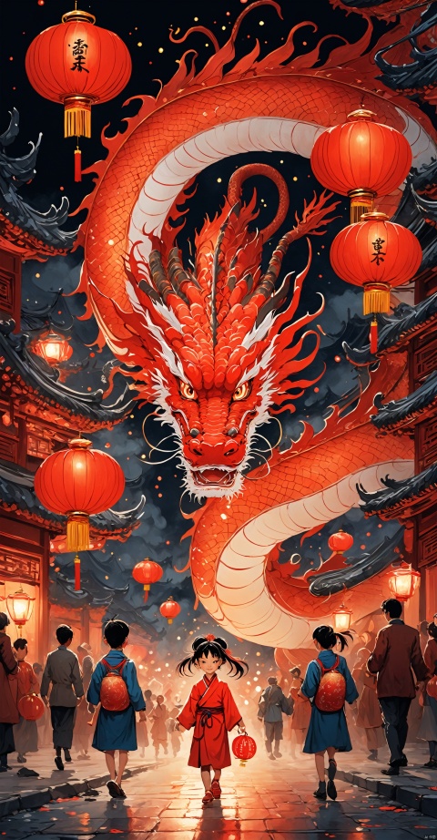  Masterpieces, high-definition art illustrations, Best Quality, New Year&#039;s Eve, fireworks in the night sky, a Red Chinese dragon, little girl carrying Red Lanterns, busy streets, celebrations