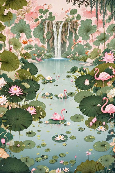  (best quality),((masterpiece)),(highres),original,extremely detailed 8K wallpaper,(an extremely delicate and beautiful), Children's Illustration Style,Waterfall, lotus pond, lotus, frog, flamingo