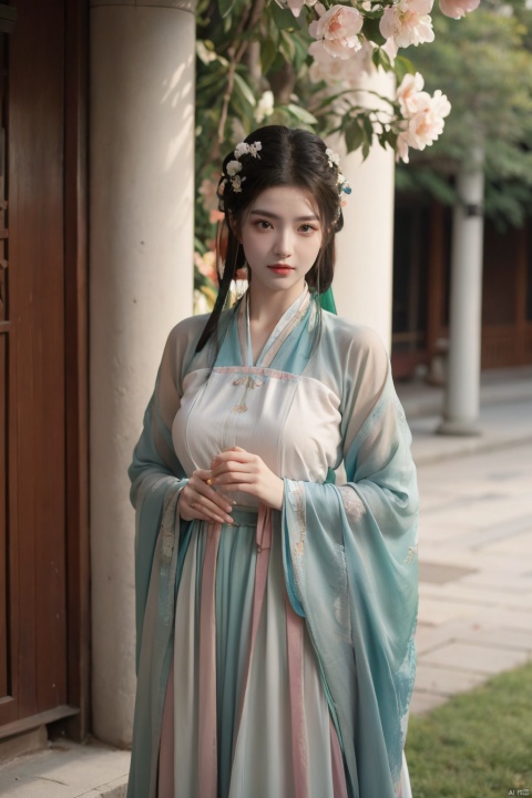 tang_hanfu,1girl,(spring,flowers:1.2),looking_at_viewer,,(big breasts:1.29), hanfu