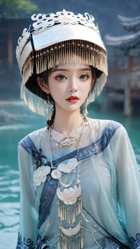  1girl,Chinese Yi ethnic clothing,Silver metal headwear, capelet, earrings, jewelry,A huge metal hat,Headwear metal tassels,Silver metal hat, lips, long sleeves, short hair, solo, water, wide sleeves, 1girl