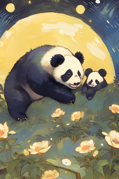 A panda under a starry sky, in the style of painter Vincent Van Gogh, vibrant illustrations, cute, healing, fangao, MG xiongmao