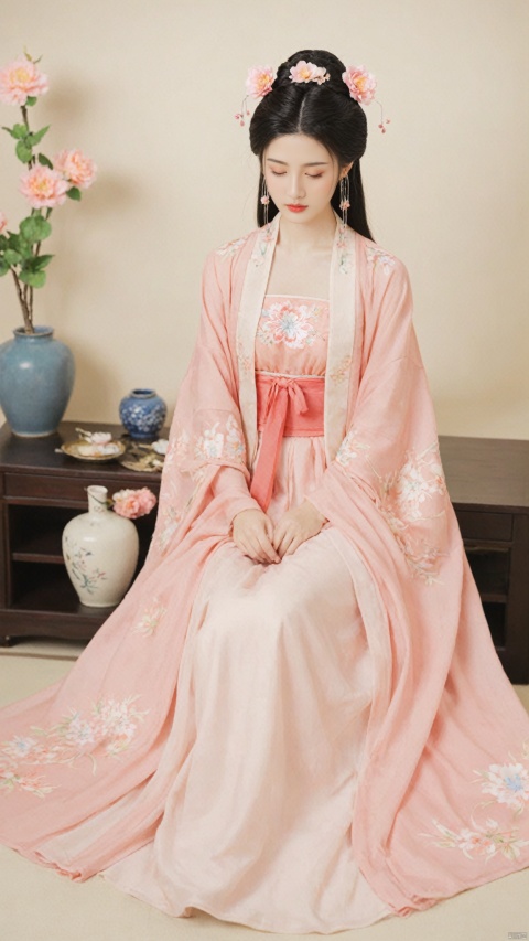  1girl, solo, long hair, black hair,Hairpins,necklace, hair ornament, long dress, full body, flower, earrings, indoors, hair bun, pink dress,(Tube top Hanfu long skirt:1.1), pillow, bed, night, chinese clothes, table, branch,daxiushan, ,daxiushan style,(huge breasts:1.7), (full breasts), realistic,hanfu, daxiushan,Shoulders are exposed, , daxiushan, arien_hanfu