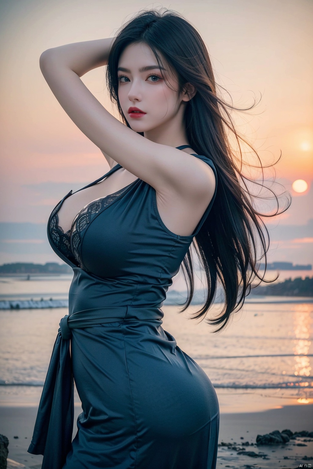  (Best quality, 8k, 32k, Masterpiece,UHD: 1.2), (1.2 very wide Angle lens:), 
1girl, solo, long hair, wind flowing hair, pose for picture, looking at viewer, perfect body, big butt,(big breasts:1.2),Smooth arms,
seaside, blue sky, pink dress