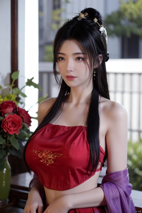  1girl, navel, solo, midriff, bare shoulders, lantern, hair ornament, flower, hair flower, paper lantern, black hair, red lips, looking at viewer, chinese clothes, (light green dress:1.23), purple eyes,blurry, solo focus, long hair, lips, night, lipstick, outdoors, upper body, blurry,(huge breasts:1.39), background, solo, makeup, hair bun, Hashimoto_Kanna