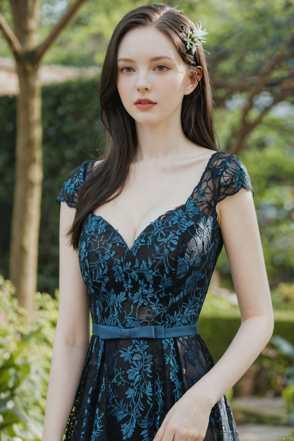  (masterpiece:1.2),1girl,photorealistic,pale_skin,realistic skin,(big breast:1.29),(looking away),long hair,straight_hair,black hair,garden, Lace_dress,