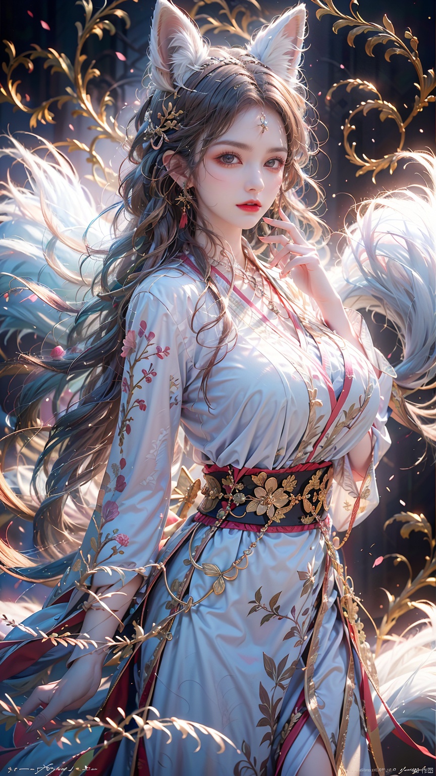  1 girl, solo, female focus, (Chinese dress）and red lips, bangs, earrings, kimono, Chinese cardigan, printed cloth, tassel, hand-held samurai knife.(Chinese dragon),(Huge Fox Pet),（White fox),(big breasts:1.39),
 (Masterpiece), (Very Detailed CGUnity 8K Wallpaper), Best Quality, High Resolution Illustrations, Stunning, Highlights, (Best Lighting, Best Shadows, A Very Delicate And Beautiful), (Enhanced) ·, long, machinery, Daofa Rune, shufa background, Spirit Fox Pendant