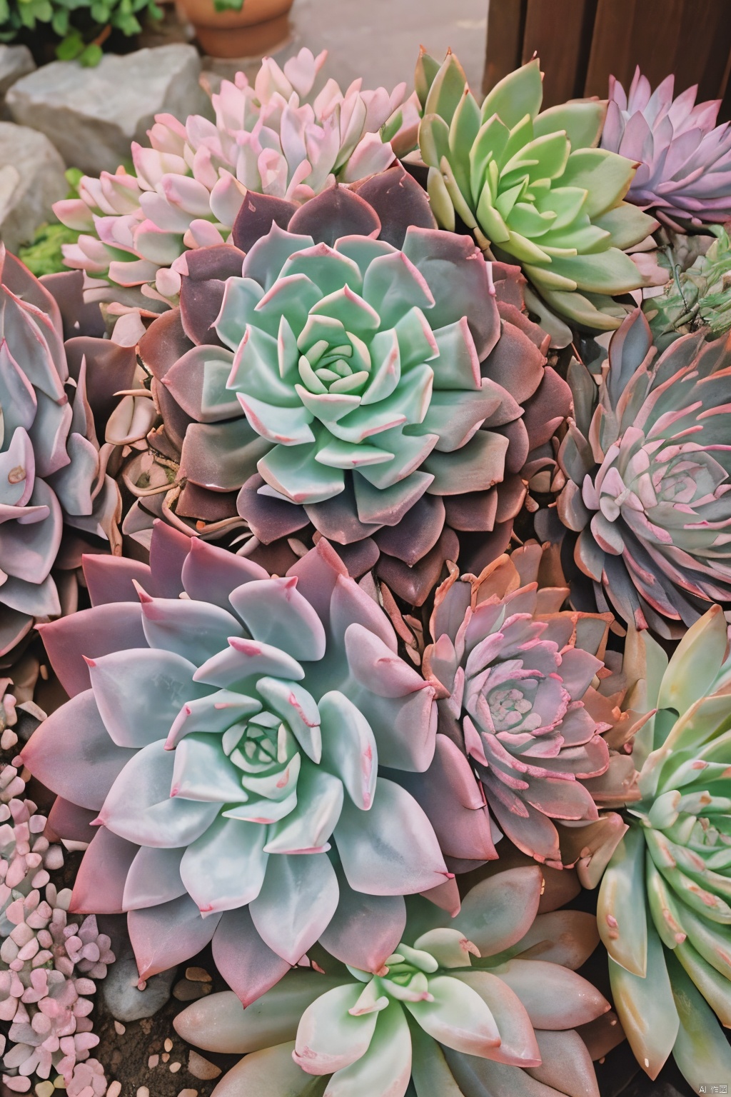 Succulent_Plants,succulent plants,pink-blue-red-purple-green theme,close-up, macro shot, outdoor