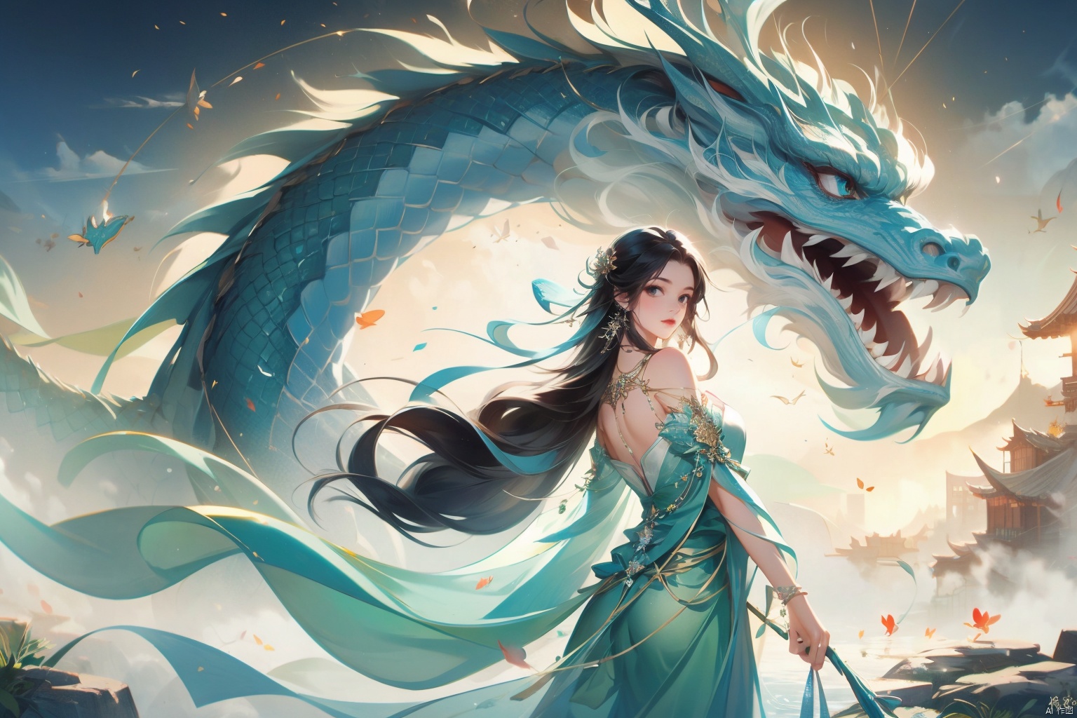  ((4k,masterpiece,best quality)), 
ruomeng135, 1girl, solo,long hair, black hair, dress, dragon, jewelery, backlight